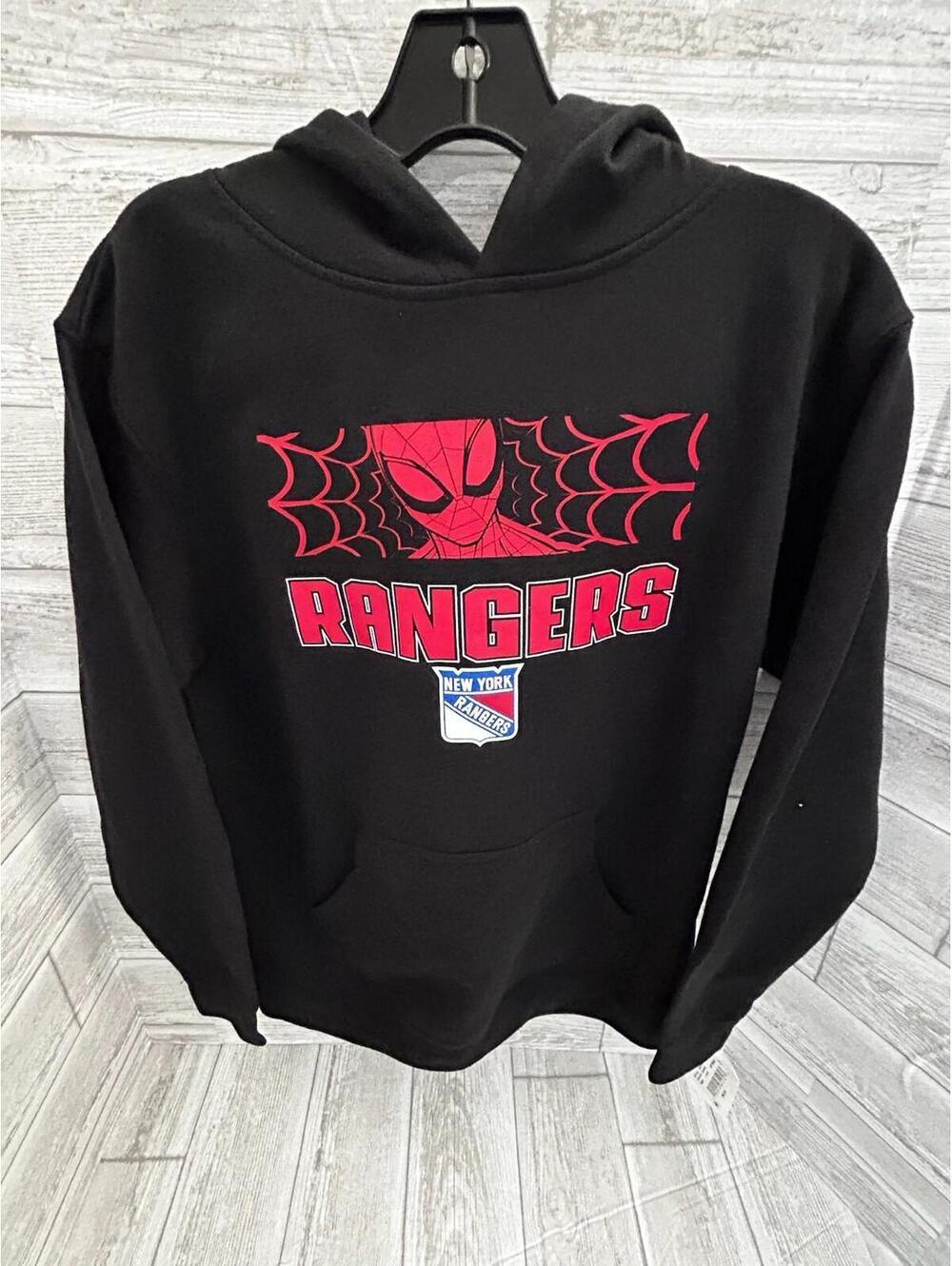 NY Rangers Spider-Man Youth Hoodie L 14/16 Black NHL Licensed Outerstuff NWT